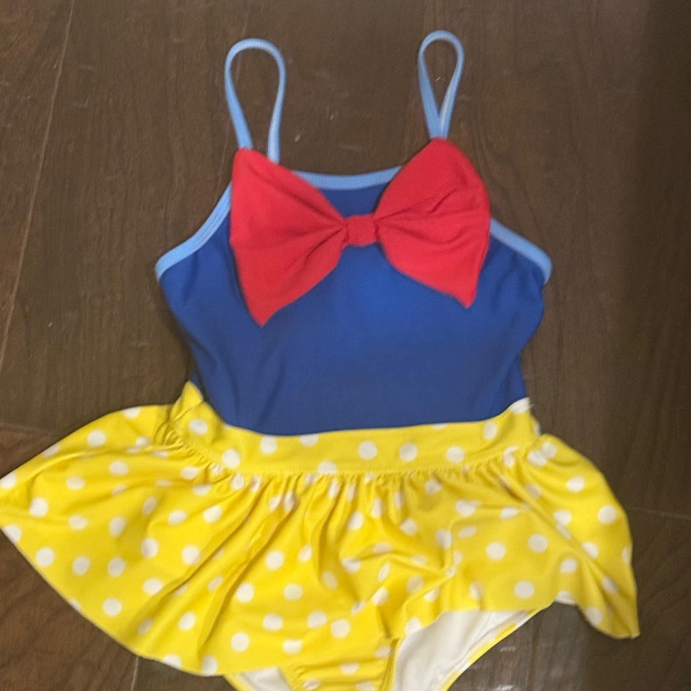 Blue and Yellow Polka Dot Swimsuit with Red Bow